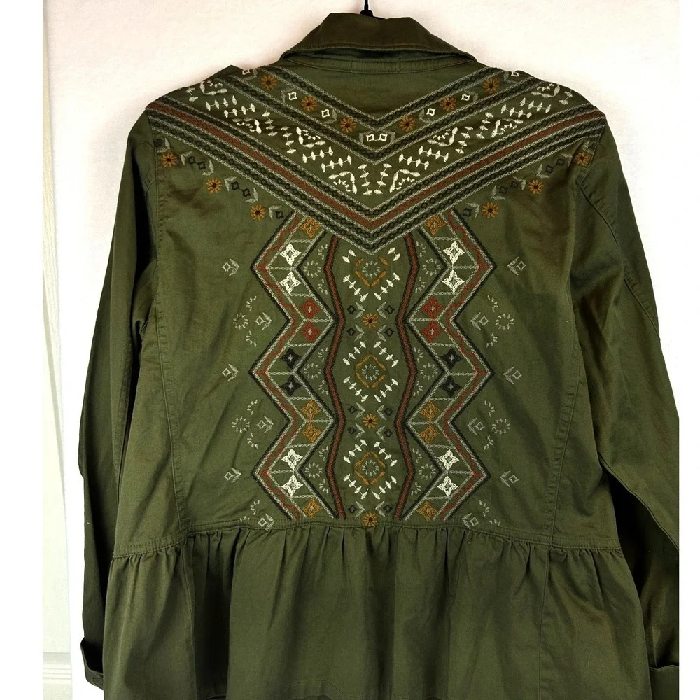 Kate‎ & Sam Olive Green Embroidered Peplum Utility Jacket Women Boho Lace Medium